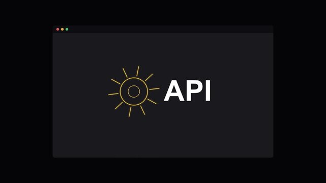 API application programming interface text with a rotating neon gear on a dark screen, gold neon