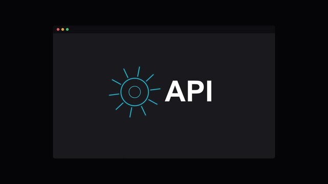 API application programming interface text with a rotating neon gear on a dark screen, cyan neon