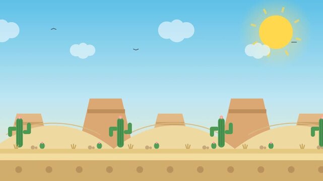 Sunny 2D side-scroller game background featuring a wild desert landscape with green cacti, sand dunes, rocky mesas, a bright hot sun, fluffy clouds, and flying birds in a flat vector art style