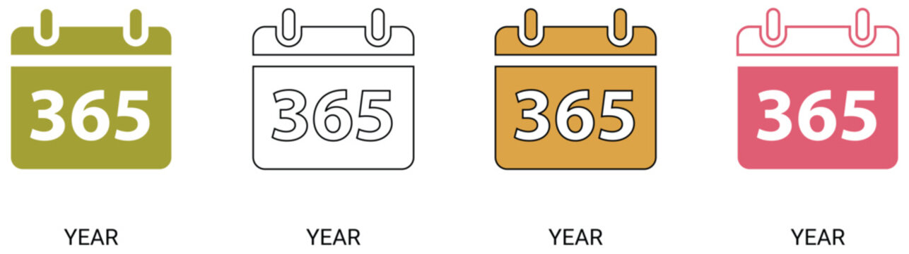 Annual calendar and 365 days icon set, full year schedule planner symbol, countdown event organizer and time management vector.