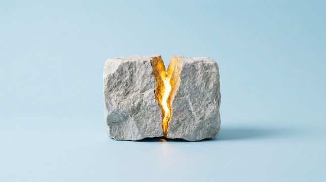 A cracked stone revealing a glowing golden interior, symbolizing resilience, inner strength, and hidden potential