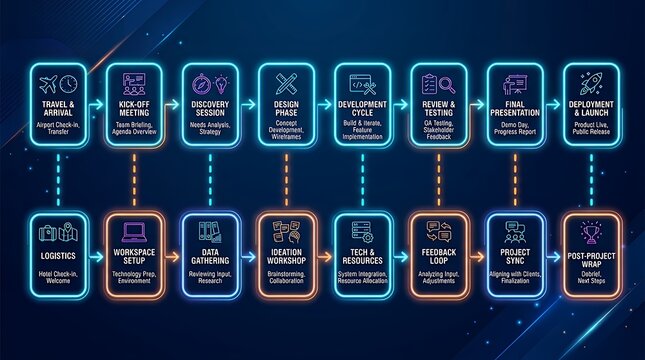 Timetable or itinerary visual guide sequence flowchart featuring two parallel tracks of curved boxes connected by perpendicular dashed paths set against a deep colored setting with glowing border