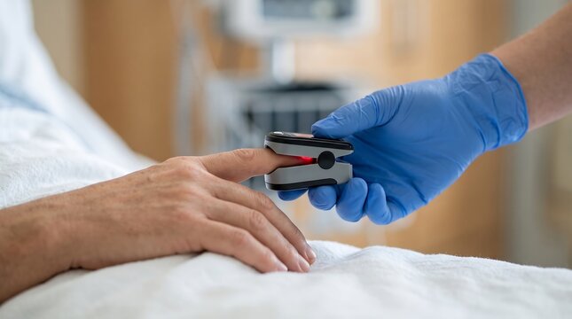A healthcare professional in blue gloves places a pulse oximeter on a patient's finger in a hospital bed.