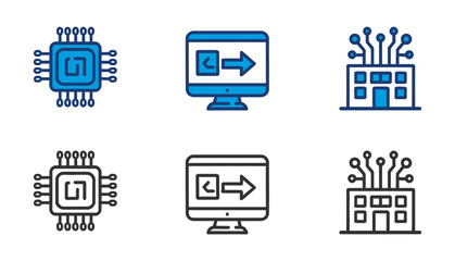 Tech infrastructure icons chip data transfer and smart city concepts in color and outline styles © Icon shop