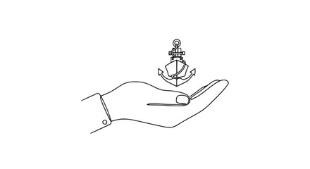Obraz premium Hand holding ship anchor, maritime concept, single line drawing