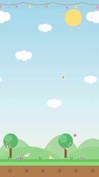 Adorable 2D side-scroller game background featuring a spring Easter landscape with colorful eggs, cute bunnies, green trees, hanging garlands, a bright sun, and rolling hills in flat vector art style