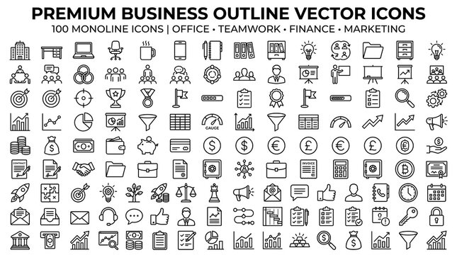 A comprehensive set of 100 monoline vector icons representing various aspects of business, office, finance, marketing, and teamwork.