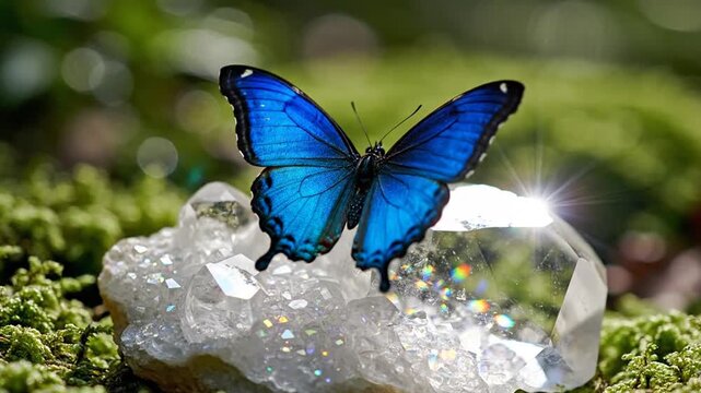 Bright blue butterfly perched on clear translucent crystal cluster on green forest moss with sunlight refractions and out of focus background vegetation.