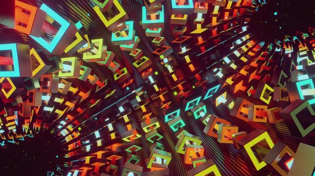 Hypnotic seamless loop of a futuristic geometric array. Abstract digital system made of rotating square prisms, crystalline lattices and textured metal grids, creating deep abstract background.