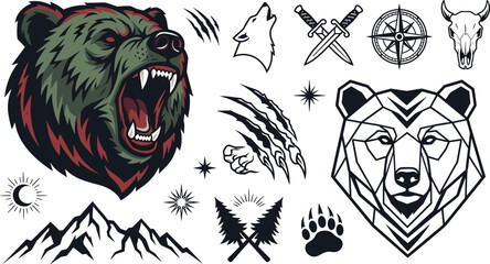 Obraz premium Wilderness Adventure and Wildlife Mascot Vector Set Featuring Roaring Grizzly Bear, Geometric Bear Head, Mountain, and Dagger Symbols