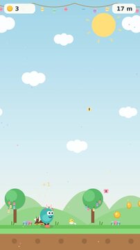 Cute 2D endless runner platformer game screen featuring a cute character with bunny ears in an Easter landscape with colorful eggs, chocolate rabbits, gold coins, and a sunny sky, Vertical