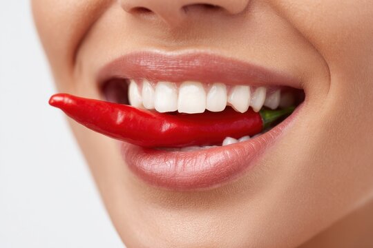 Close up portrait of woman smiling with chili pepper vegetable capsicum culinary sensation expressive close-up portrait nutrition ingredient gastronomy womanhood expression