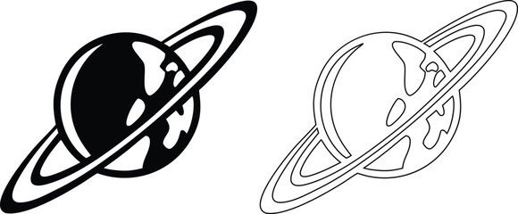 Vector set of planet icons with orbital rings in solid black silhouette and linear outline styles © Nasima