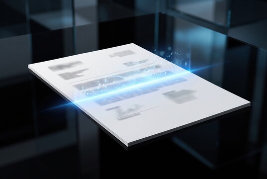 Digital document floating above a sleek surface in a modern office environment during daylight hours