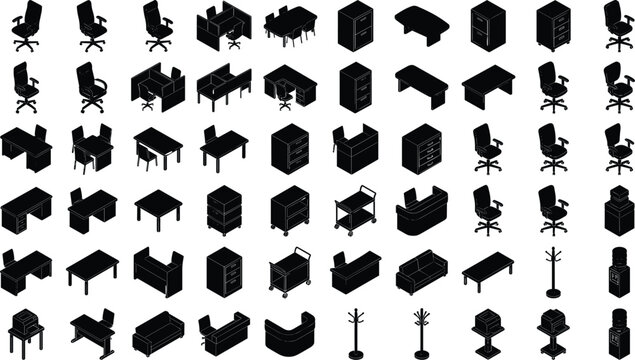 Comprehensive collection of isometric office furniture silhouettes including desks chairs cabinets and interior design elements vector illustration