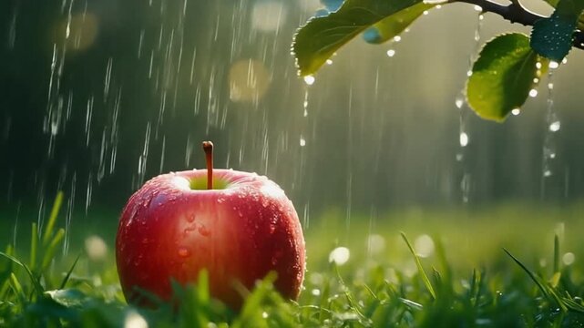 An apple fell from the tree to the ground.