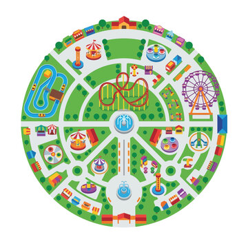 Isometric circular theme park map with various attractions and rides