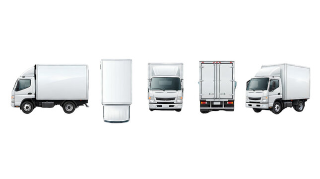 Realistic White Box Delivery Truck Vector Icon Set with Multiple Views Isolated on Transparent Background for Logistics Fleet Management and Transportation Design