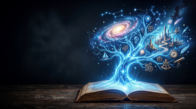 Enchanted Book with Cosmic Tree of Knowledge and Scientific Symbols