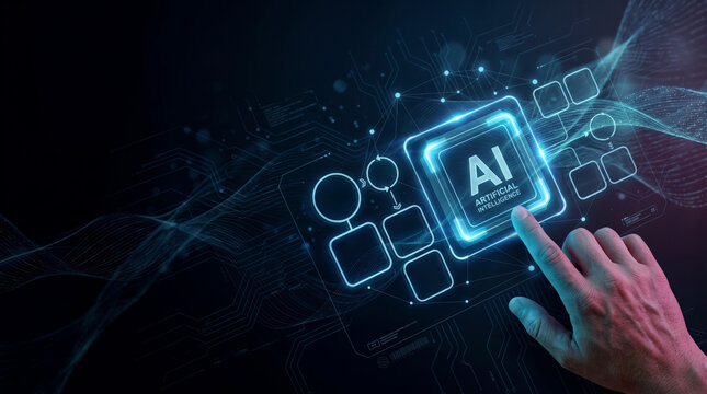Hand Touching AI Interface with Digital Elements and Technology Background