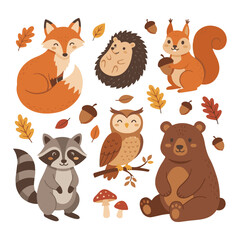 Naklejka premium Cute Funny Animal Cartoon Set Vector Illustration with Dog Cat Bear Tiger Lion Rabbit Mouse Cow Squirrel and Wild Zoo Characters Collection for Kids Design