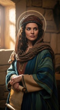 Israelite spiritual guide: Deborah figure, Debora prophetess, Israel judge, Lapidoph wife, biblical heroine, ancient scroll, divine woman, old testament, sacred wisdom.