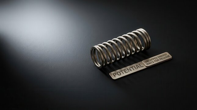 Metallic spring resting on dark surface with potential label