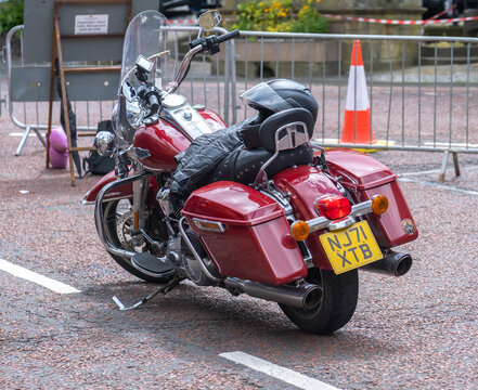 Alnwick, Northumberland, UK - June 2026. A Harley Davidson tourer motorcycle parked up in the town centre