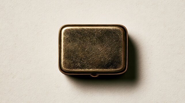 Vintage rectangular gold metallic box with aged texture, resting on a subtle light background, evoking a sense of antique charm and simple elegance.
