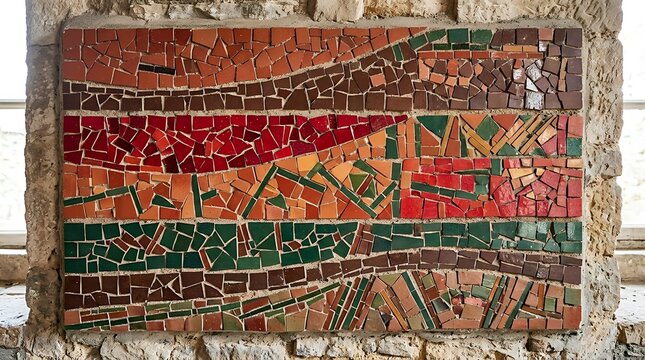Celebratory heritage mosaic warm terracotta ruby forest cocoa linear bands horizontal segmentation fragmented tilework surface dimensional abstract composition  Celebratory heritage mosaic warm