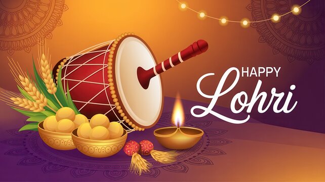Happy Lohri festival celebration with dhol drum, wheat, sweets, and diya