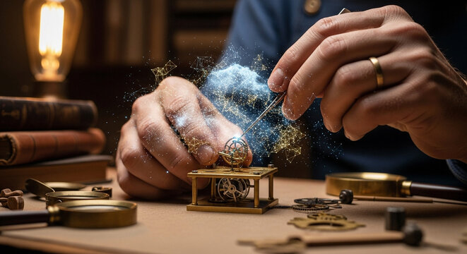 Watchmaker repairing vintage clock with digital holographic tools