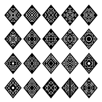Diamond shaped ethnic tribal ornaments and geometric patterns with ornaments