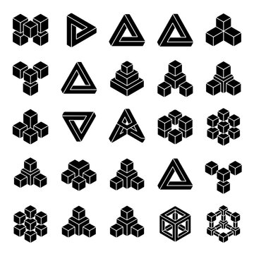 Isometric cube and impossible shape icon collection with isometric, impossible