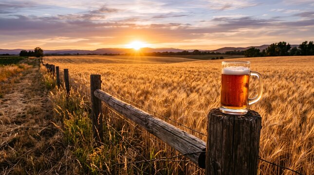 Golden mug of beer on a rustic fence post in a vast wheat field at sunset, illuminated by the warm light.