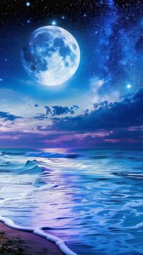 Magical night sky with glowing moon, stars, and cosmic nebula, vertical video featuring a dreamy fantasy galaxy background for cinematic projects