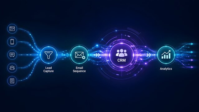 Optimized digital marketing funnel process with lead capture, email automation, CRM, and performance analytics for successful business strategy.