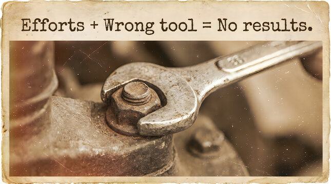 Wrench and nut with text about efforts and wrong tools illustration