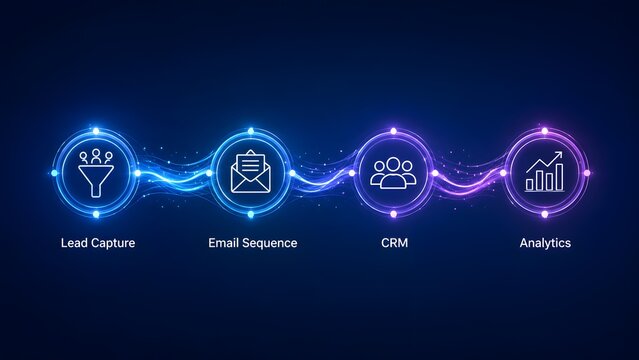 Seamless Digital Marketing Funnel Process Visualizing Lead Capture, Email Sequence, CRM, and Data Analytics Workflow