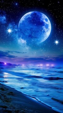 Magical night sky with glowing moon, stars, and cosmic nebula, vertical video featuring a dreamy fantasy galaxy background for cinematic projects