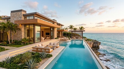 Fototapeta premium Luxury Modern Oceanfront Villa with Infinity Pool and Panoramic Sea View at Golden Sunset