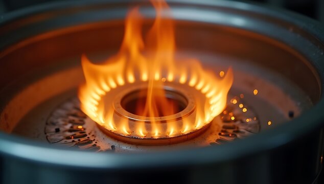 Close-up of a gas stove burner with bright orange flames.