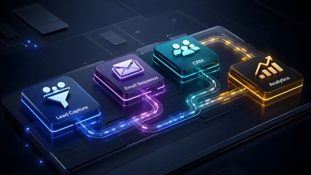 Futuristic Digital Marketing Automation Pipeline with Lead Capture, Email Sequence, CRM, and Data Analytics for Business Growth.