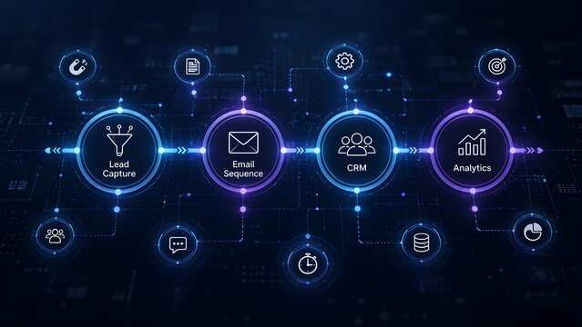 Modern business strategy illustrating lead capture, email sequencing, CRM, and data analytics on a dynamic digital network background.