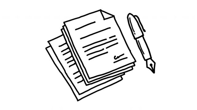 Business contract agreement document paperwork with fountain pen sketch 4K Hand Drawn Animation