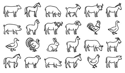 Fototapeta premium Modern Outline Farm Animals Livestock Vector Icon Set