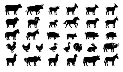 Fototapeta premium Monochrome Farm Animal Symbol Collection Black Livestock Vector Pack