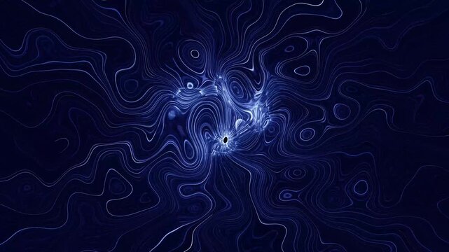 Dark blue swirls dance gracefully around cosmic black spaces. Intense electrical currents flash throughout this deep macro field. Luminous particle streams glide.
