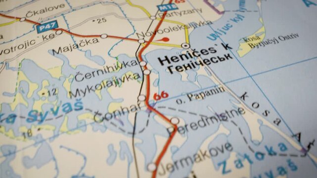 dzhankoi to melitopol travel route on paper map with gliding camera view