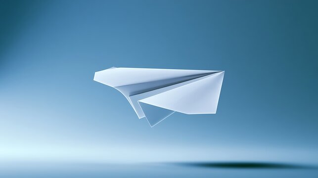 Elegant white paper airplane soaring gracefully against a clean, ethereal blue background, symbolizing freedom and innovation